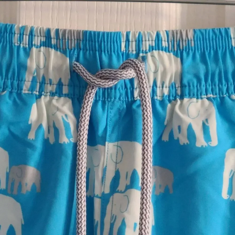 TOM & TEDDY Blue and White Elephants UPF 50+ Quick Dry Swim Shorts Size Small‎